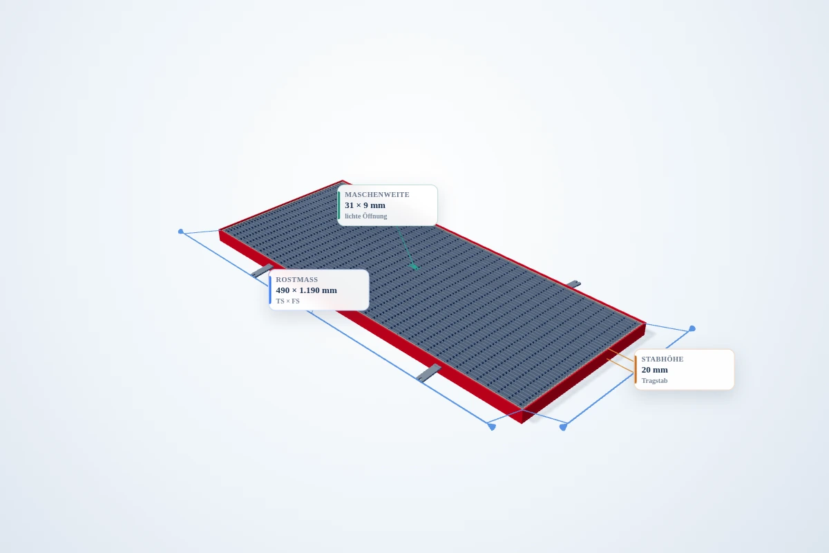 Schematische 3D-Ansicht: Pressrost mit Winkelrahmen 500 × 1200 mm