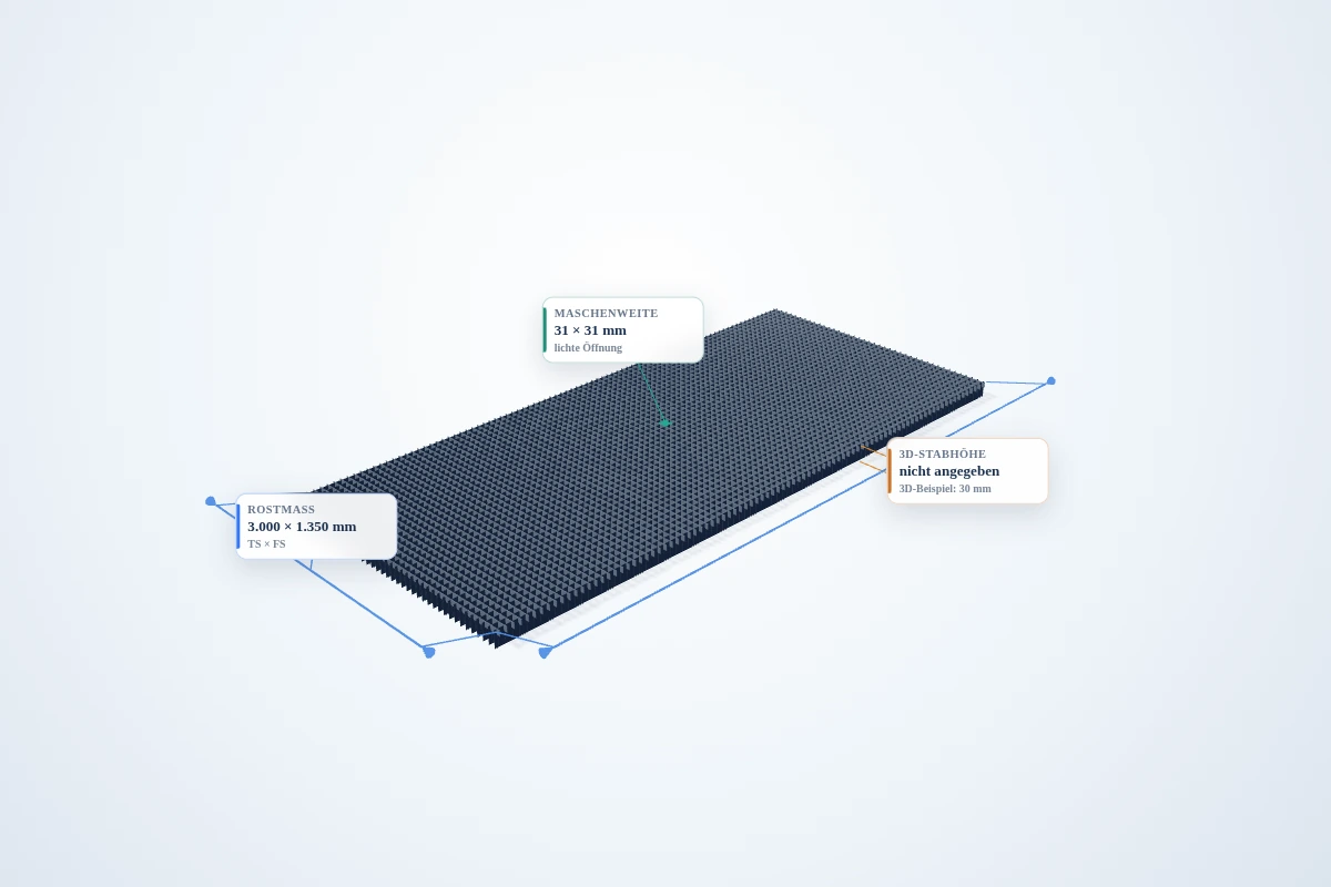 Schematische 3D-Ansicht: Gitterrostmatte 3.000 × 1.350 mm – MW 31 × 31 mm