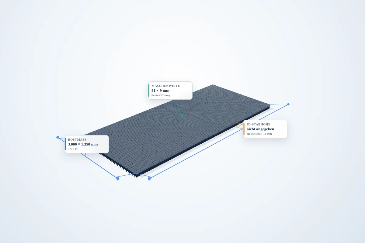 Schematische 3D-Ansicht: Gitterrostmatte 3.000 × 1.350 mm – MW 31 × 9 mm