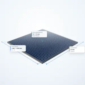 Schematische 3D-Ansicht: Industrie-Normrost 1000 × 1000 mm – MW 31 × 31 mm – TS 25 × 2 mm