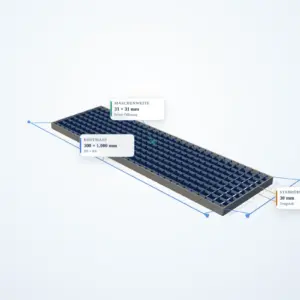 Schematische 3D-Ansicht: Industrie-Normrost 300 × 1000 mm – MW 31 × 31 mm – TS 30 × 2 mm