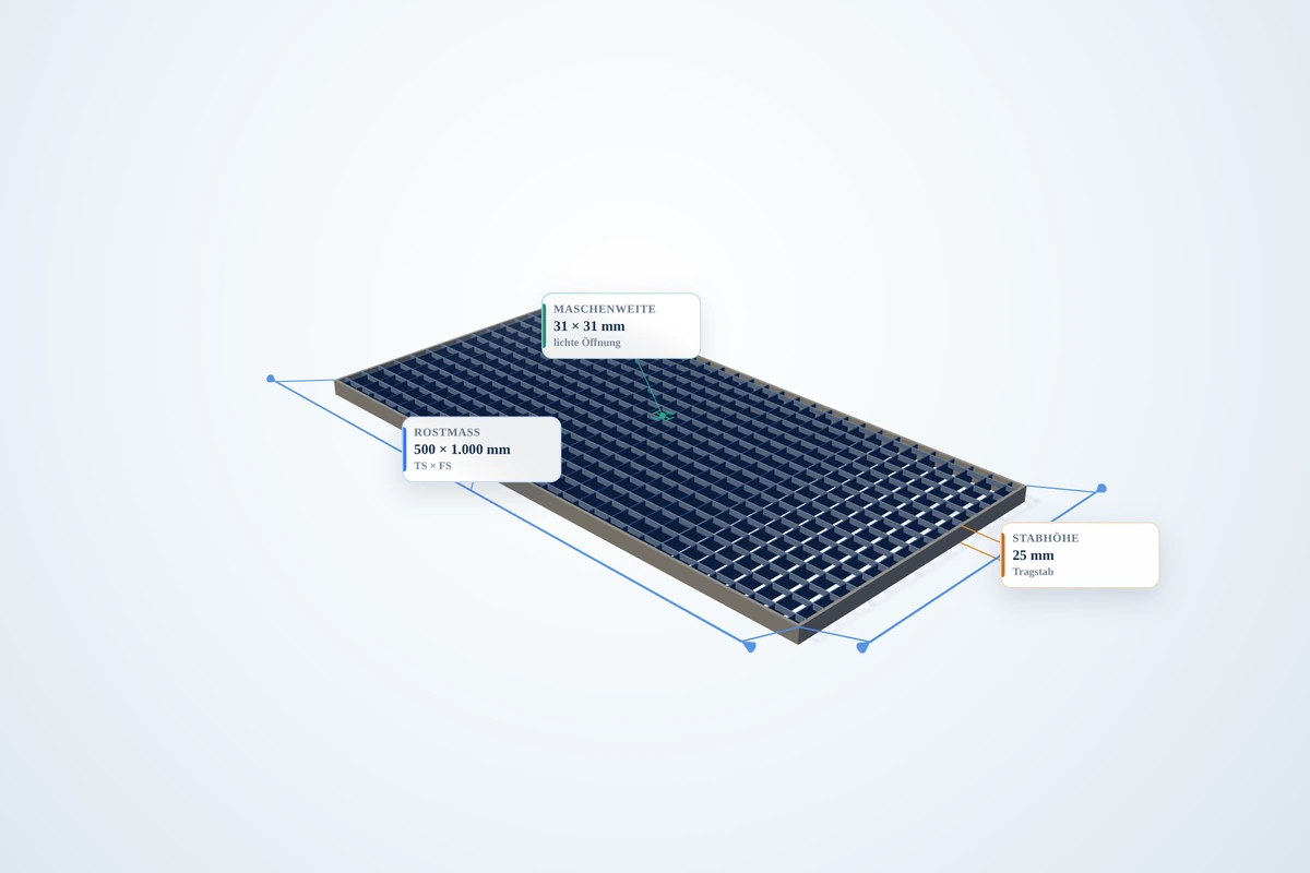 Schematische 3D-Ansicht: Industrie-Normrost 500 × 1000 mm – MW 31 × 31 mm – TS 25 × 2 mm