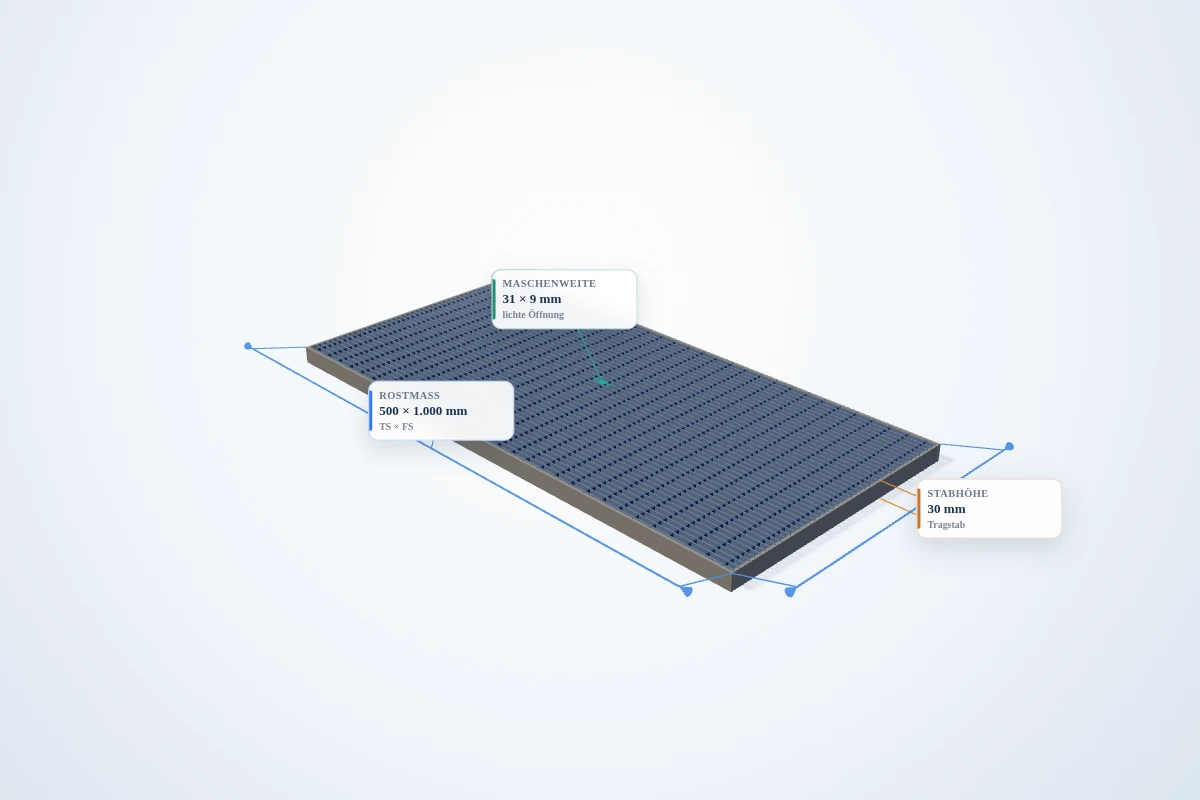 Schematische 3D-Ansicht: Industrie-Normrost 500 × 1000 mm – MW 31 × 9 mm – TS 30 × 2 mm