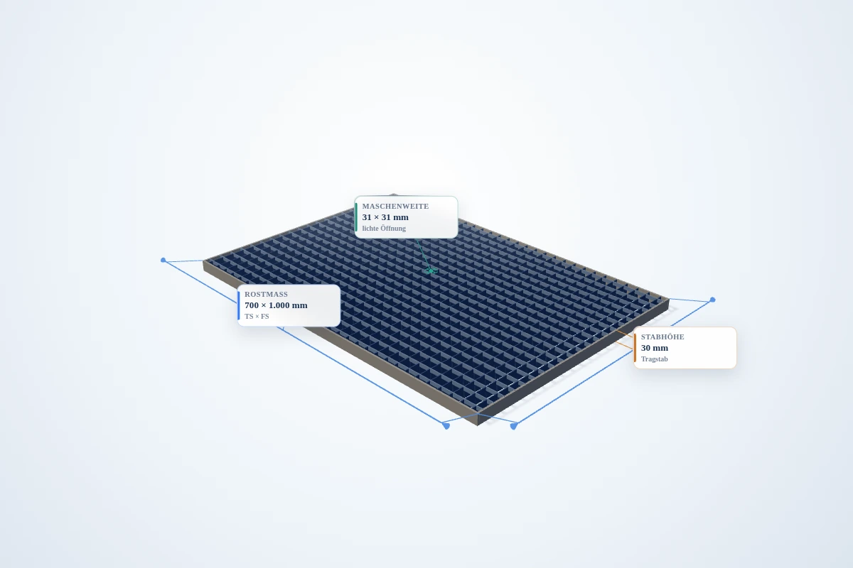 Schematische 3D-Ansicht: Industrie-Normrost 700 × 1000 mm – MW 31 × 31 mm – TS 30 × 2 mm