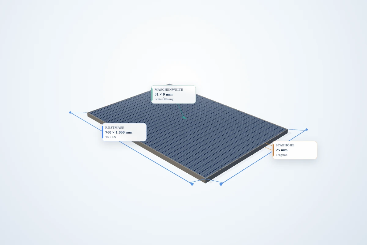Schematische 3D-Ansicht: Industrie-Normrost 700 × 1000 mm – MW 31 × 9 mm – TS 25 × 2 mm