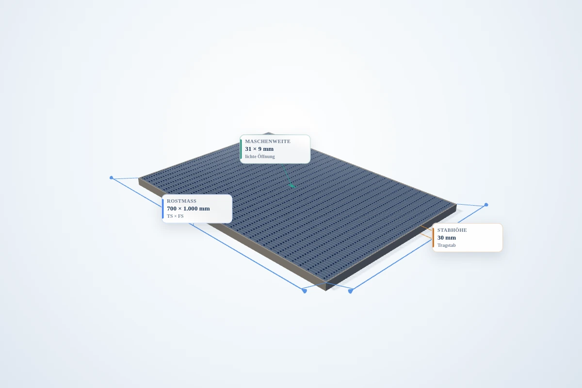 Schematische 3D-Ansicht: Industrie-Normrost 700 × 1000 mm – MW 31 × 9 mm – TS 30 × 2 mm