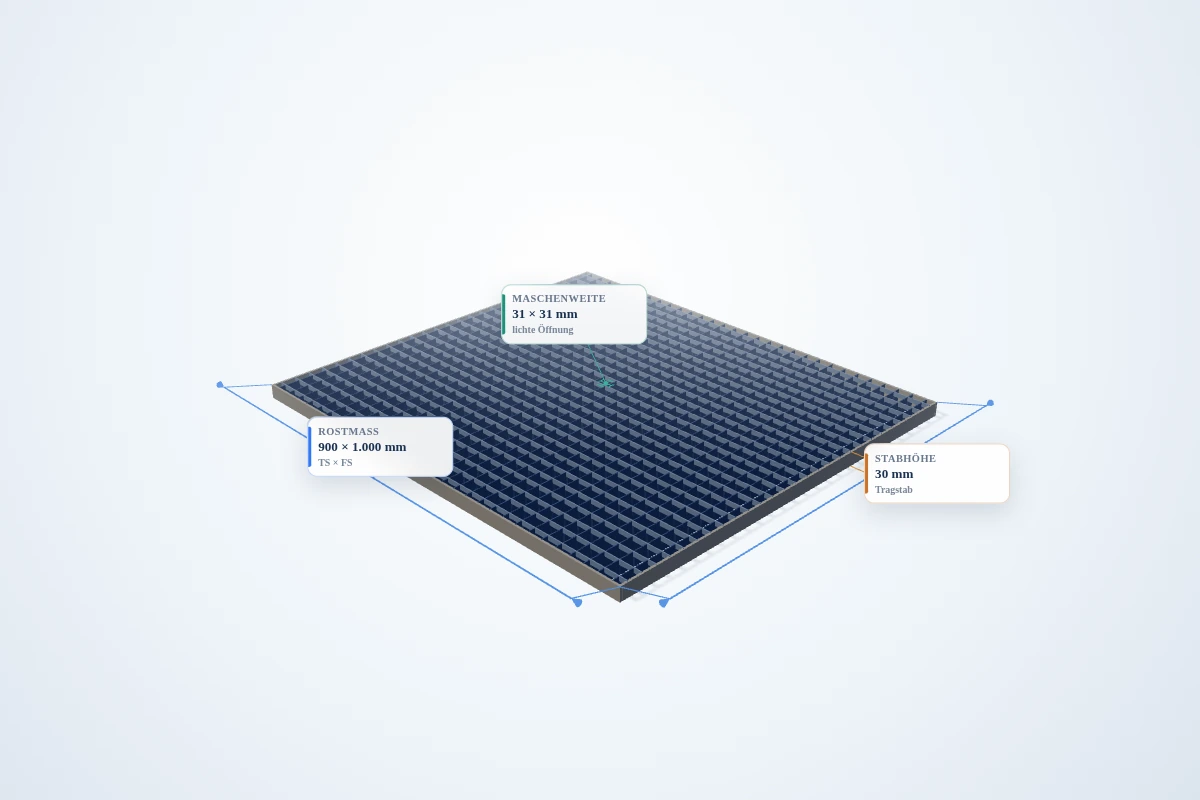 Schematische 3D-Ansicht: Industrie-Normrost 900 × 1000 mm – MW 31 × 31 mm – TS 30 × 2 mm